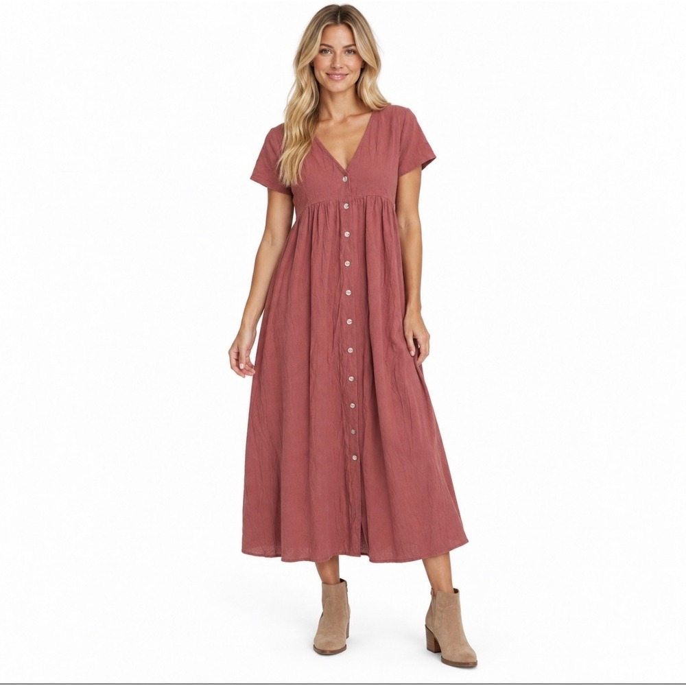 NWT Natural Life Button Front Midi Dress M Rose Pink Boho V-Neck Short Sleeve